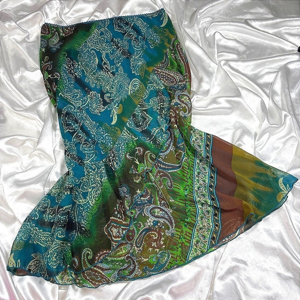 y2k B.i.g.a.y.c.d.a. Midi Skirt Teal Green Excellent Paisley Asymmetrical Hem L
